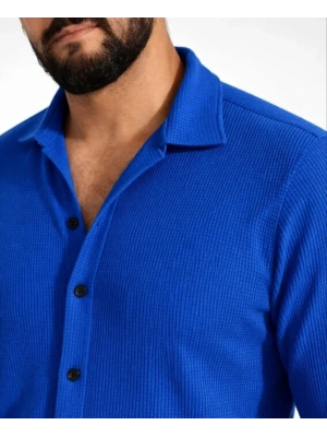 Erkek Waffle Kumaş Uzun Kollu Düğmeli Açık Yaka Regular Fit Gömlek  aks avisi