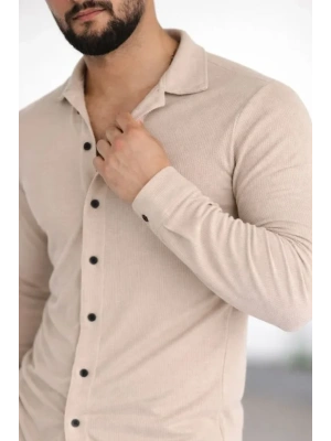 Erkek Waffle Kumaş Uzun Kollu Düğmeli Açık Yaka Regular Fit Gömlek  Bej