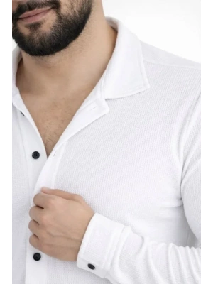 Erkek Waffle Kumaş Uzun Kollu Düğmeli Açık Yaka Regular Fit Gömlek  Beyaz