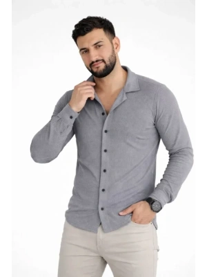 Erkek Waffle Kumaş Uzun Kollu Düğmeli Açık Yaka Regular Fit Gömlek  Füme