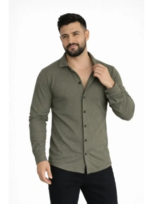 Erkek Waffle Kumaş Uzun Kollu Düğmeli Açık Yaka Regular Fit Gömlek  Haki