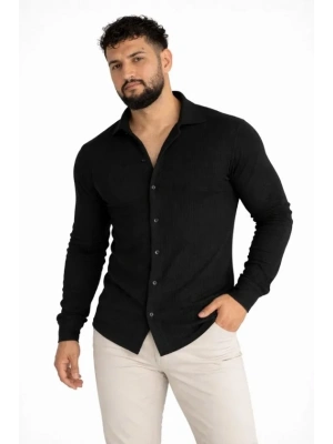 Erkek Waffle Kumaş Uzun Kollu Düğmeli Açık Yaka Regular Fit Gömlek  iyah