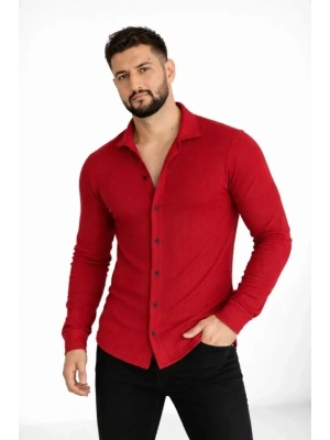 Erkek Waffle Kumaş Uzun Kollu Düğmeli Açık Yaka Regular Fit Gömlek  Kırmızı