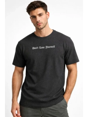 Erkek Wafıl Kumaş Tişört Regular Kalıp Bisiklet Yaka Baskılı Günlük Basic Thirt  iyah