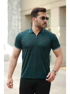 Erkek Yaka Ve Kolları çizgi Detaylı Fermuar Yakalı Kısa Kollu Tişört