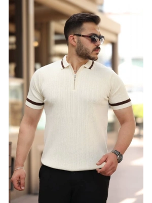 Erkek Yaka Ve Kolları çizgi Detaylı Fermuarlı Kısa Kollu Tshirt