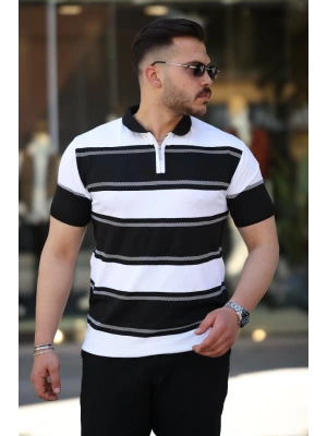 Erkek Yakalı Fermuarlı çift Renk Kısa Kollu Tshirt