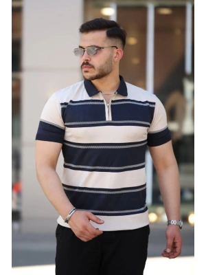 Erkek Yakalı Fermuarlı çift Renk Kısa Kollu Tshirt