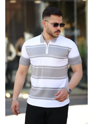 Erkek Yakalı Fermuarlı çift Renk Kısa Kollu Tshirt