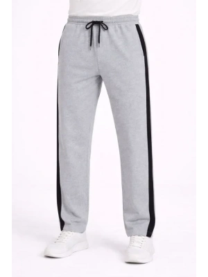 Erkek Yandan Şeritli Boru Paça Eşofman Altı 3 Iplik Pamuklu Eşofman  Gri