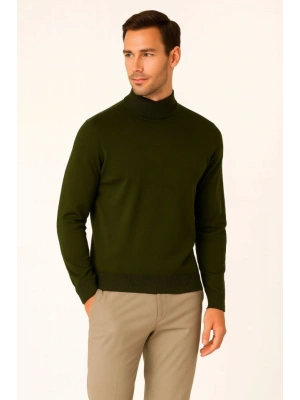 Erkek Yarım Boğaz Triko Kazak Yumuşak Dokulu Pamuklu Ince Dokuma, Uzun Kollu Rahat Regular Kalıp  Haki