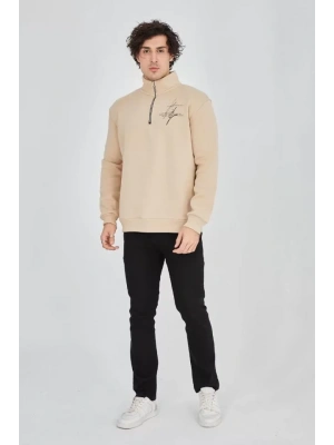 Erkek Yarım Fermuarlı Baskılı weat  Bej