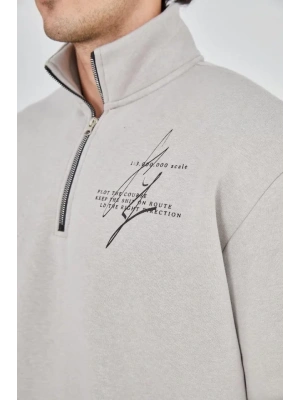 Erkek Yarım Fermuarlı Baskılı weat  Boyalı Gri