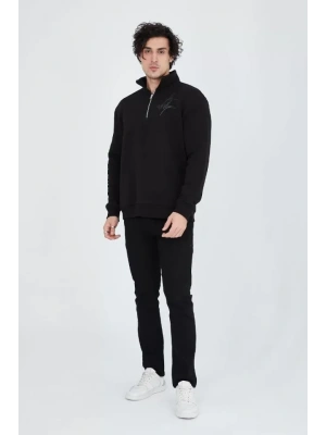 Erkek Yarım Fermuarlı Baskılı weat  iyah