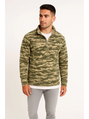 Erkek Yarım Fermuarlı Desenli Polar Sweat – Haki Kamuflaj Yakalı, Uzun Kollu, Oversize Rahat Kalıp  Haki