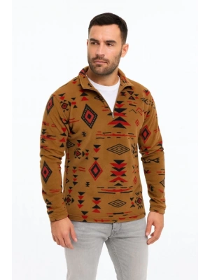 Erkek Yarım Fermuarlı Desenli Polar weat Tribal Etnik Desen Yakalı, Uzun Kollu, Oversize Rahat Kalıp,  Kahverengi