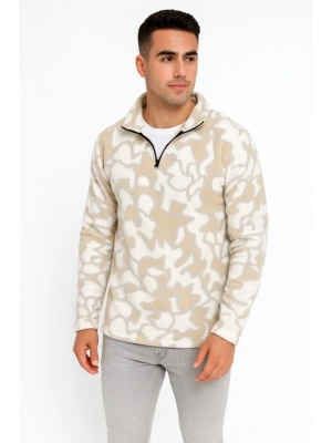 Erkek Yarım Fermuarlı Desenli Polar weat Yakalı, Uzun Kollu, Oversize Rahat Kalıp  Bej