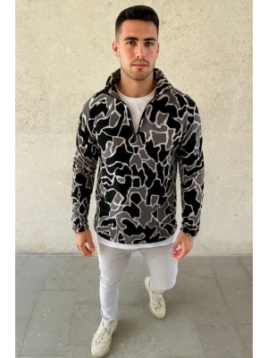 Erkek Yarım Fermuarlı Desenli Polar Sweat Yakalı, Uzun Kollu, Oversize Rahat Kalıp  Siyah