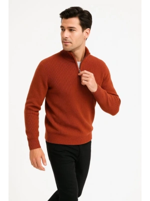 Erkek Yarım Fermuarlı Triko Kazak – elanik Örgü, Dik Yaka, Pamuklu Dokuma, Regular Fit Uzun Kollu Kışlık odel  Kiremit