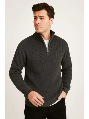 Erkek Yarım Fermuarlı Triko Kazak – elanik Örgü, Dik Yaka, Pamuklu Dokuma, Regular Fit Uzun Kollu Kışlık odel  Füme