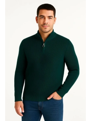 Erkek Yarım Fermuarlı Triko Kazak – Selanik Örgü, Dik Yaka, Pamuklu Dokuma, Regular Fit Uzun Kollu Kışlık Model  Haki
