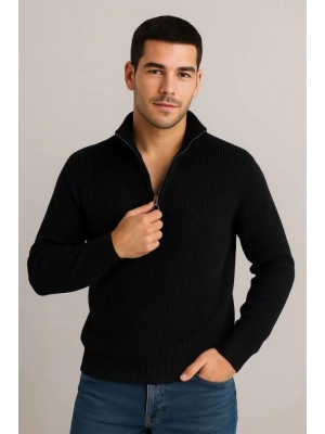 Erkek Yarım Fermuarlı Triko Kazak – elanik Örgü, Dik Yaka, Pamuklu Dokuma, Regular Fit Uzun Kollu Kışlık odel  iyah