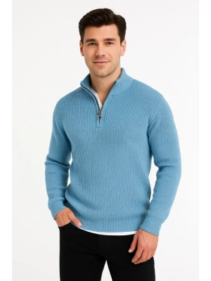 Erkek Yarım Fermuarlı Triko Kazak – elanik Örgü, Dik Yaka, Pamuklu Dokuma, Regular Fit Uzun Kollu Kışlık Model  Bebe Mavisi