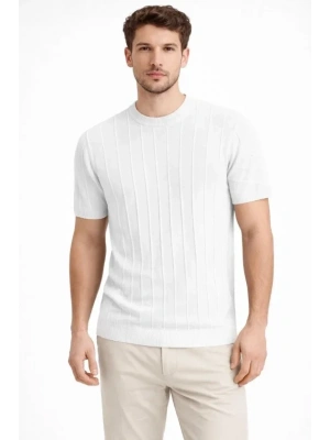 Erkek Yazlık Fitilli Triko Tişört Kısa Kol Bisiklet Yaka Thirt  Beyaz