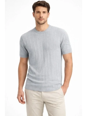 Erkek Yazlık Fitilli Triko Tişört Kısa Kol Bisiklet Yaka Thirt  Gri