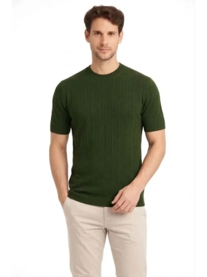 Erkek Yazlık Fitilli Triko Tişört Kısa Kol Bisiklet Yaka Thirt  Haki