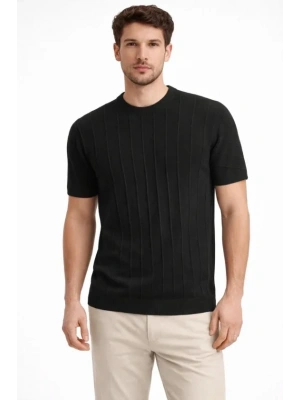 Erkek Yazlık Fitilli Triko Tişört Kısa Kol Bisiklet Yaka Thirt  iyah