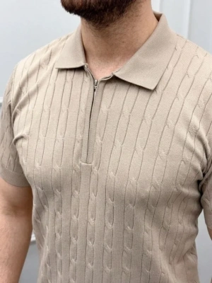 Erkek Yazlık Triko aç Örgü Tişört Kısa Kol Polo Yaka Fermuarlı Thirt  Bej