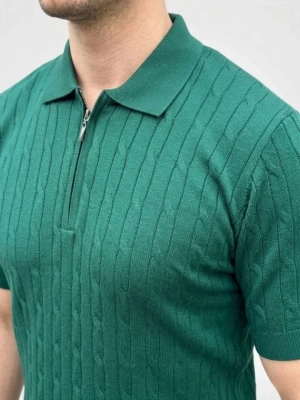 Erkek Yazlık Triko aç Örgü Tişört Kısa Kol Polo Yaka Fermuarlı Thirt  Haki