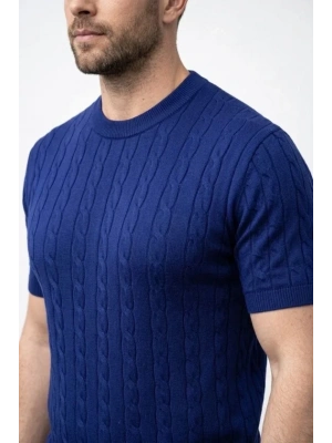 Erkek Yazlık Triko Dokuma Tişört Kısa Kol Bisiklet Yaka Örgü Desenli Thirt  acivert