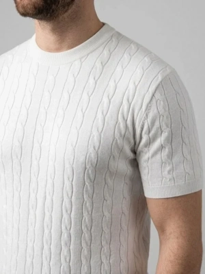 Erkek Yazlık Triko Dokuma Tişört Kısa Kol Bisiklet Yaka Örgü Desenli Thirt  Beyaz