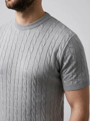 Erkek Yazlık Triko Dokuma Tişört Kısa Kol Bisiklet Yaka Örgü Desenli Thirt  Gri