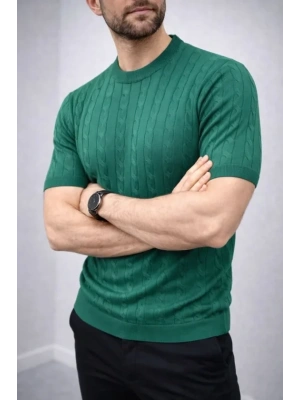 Erkek Yazlık Triko Dokuma Tişört Kısa Kol Bisiklet Yaka Örgü Desenli Thirt  Haki