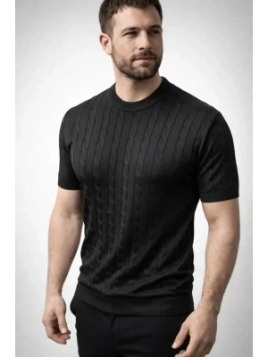 Erkek Yazlık Triko Dokuma Tişört Kısa Kol Bisiklet Yaka Örgü Desenli Thirt  iyah