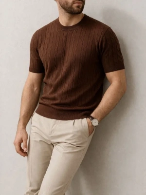 Erkek Yazlık Triko Dokuma Tişört Kısa Kol Bisiklet Yaka Örgü Desenli Thirt  Kahverengi