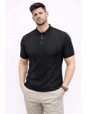Erkek Yazlık Triko Tişört Kısa Kol Polo Yaka Düğmeli Thirt  iyah