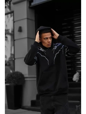 Erkek Yıldırım Baskılı weat Kapşonlu  iyah