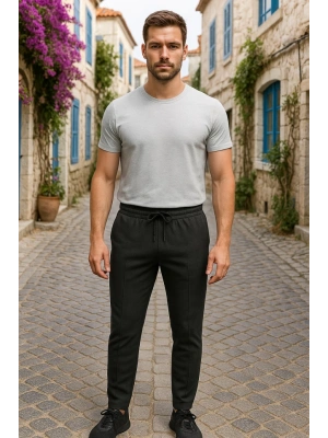 Erkek Yüksek Bel önden Bağcıklı Cepli Waffle Pantolon