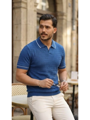 Erkek Zikzak Dokulu Yakalı Kısa Kollu Triko