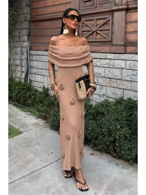 Eteği Gül Detay Madonna Yaka Elbise 2863