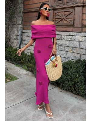 Eteği Gül Detay Madonna Yaka Elbise 2863