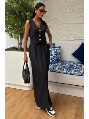 Etek Yırtmaçlı Yelekli Keten Takım 10131