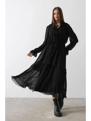 Fırfır Detaylı Şifon Elbise  Siyah