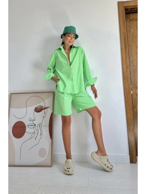 Fıstık Yeşili Önü Cepli Gömlek Ve Şort Takım