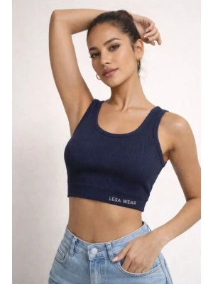 Fitilli Baskılı Crop  Lacivert