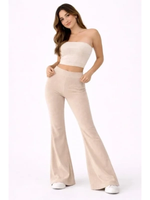 Fitilli Kaşkorse İspanyol Paça Tayt Yüksek Bel Esnek Günlük Rahat Pantolon  Bej
